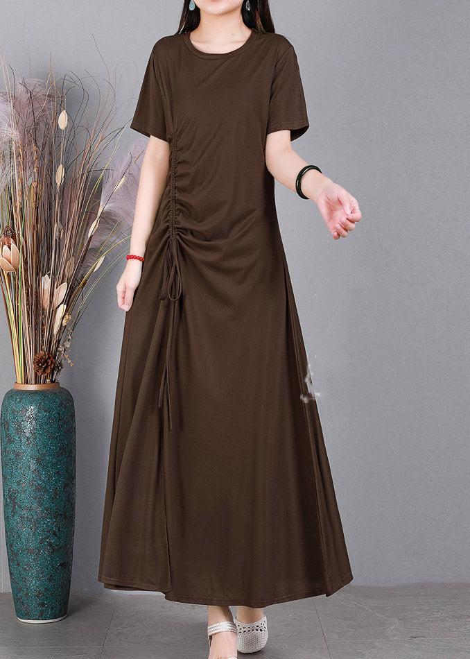 Chocolate O-Neck Cinched Cotton Long Dress Short Sleeve