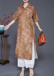 Coffee Oversized Linen Gown Dresses Chinese Button Side Open Summer