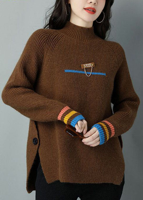 Chocolate Oversized Wool Knit Sweater Tops High Neck Side Open Winter