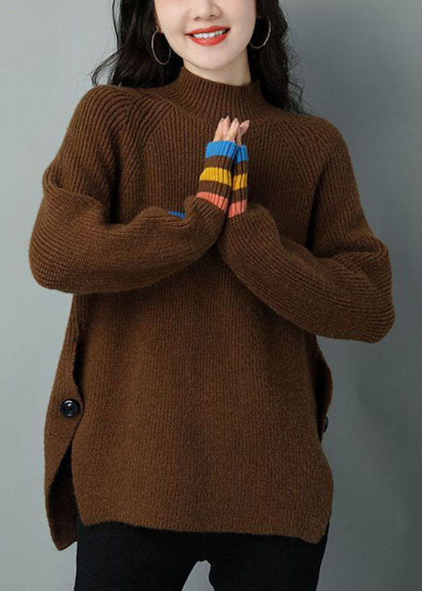 Chocolate Oversized Wool Knit Sweater Tops High Neck Side Open Winter