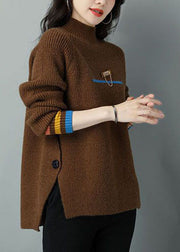 Chocolate Oversized Wool Knit Sweater Tops High Neck Side Open Winter