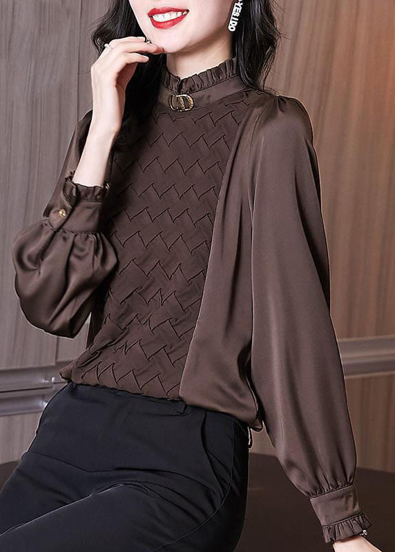 Chocolate Patchwork Chiffon Blouses Ruffled Warm Long Sleeve