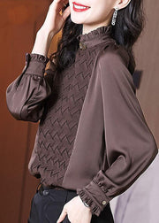 Chocolate Patchwork Chiffon Blouses Ruffled Warm Long Sleeve