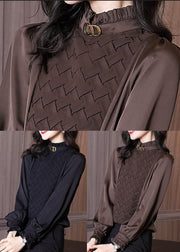 Chocolate Patchwork Chiffon Blouses Ruffled Warm Long Sleeve