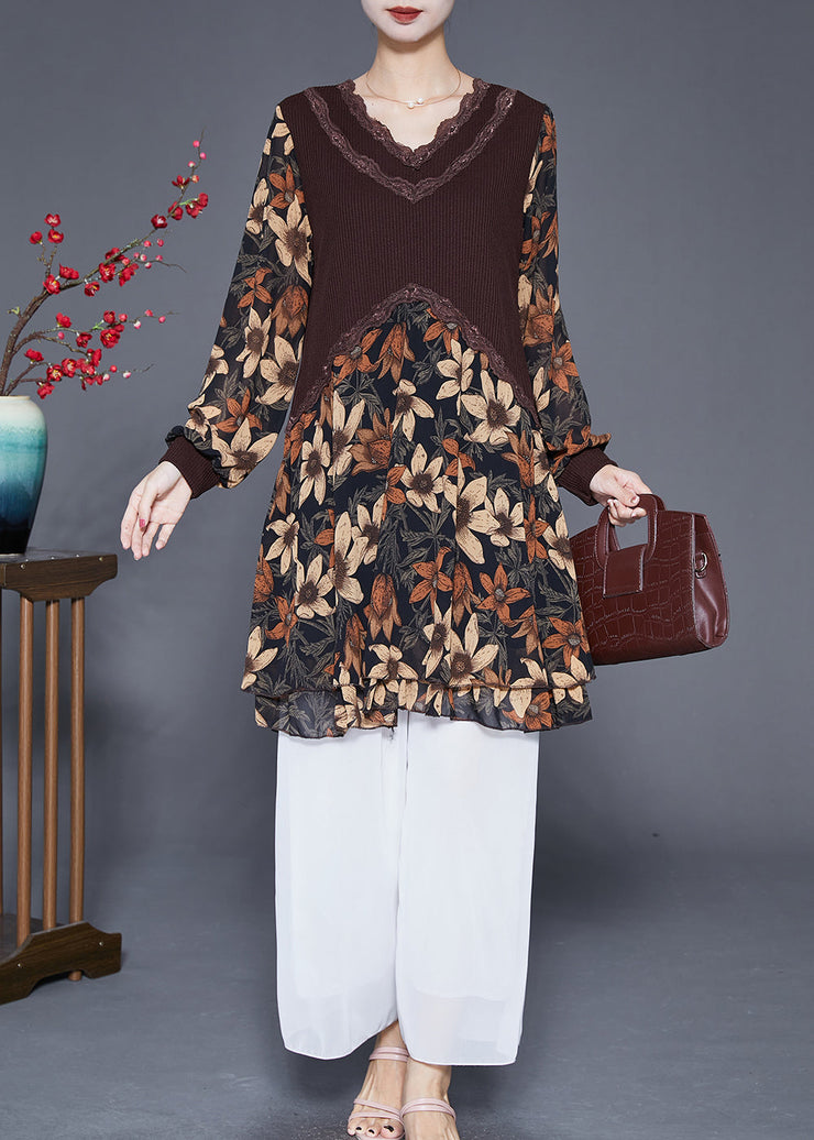 Coffee Patchwork Chiffon Knit Holiday Dress V Neck Print Fall