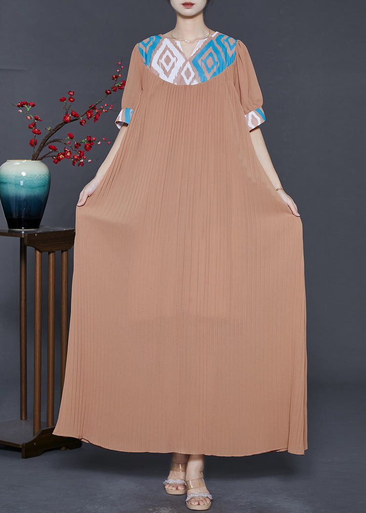 Coffee Patchwork Chiffon Pleated Dress Oversized Summer