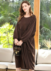 Coffee Patchwork Chiffon Robe Dresses O-Neck Wrinkled Batwing Sleeve