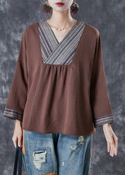 Coffee Patchwork Cotton Blouse Top V Neck Fall