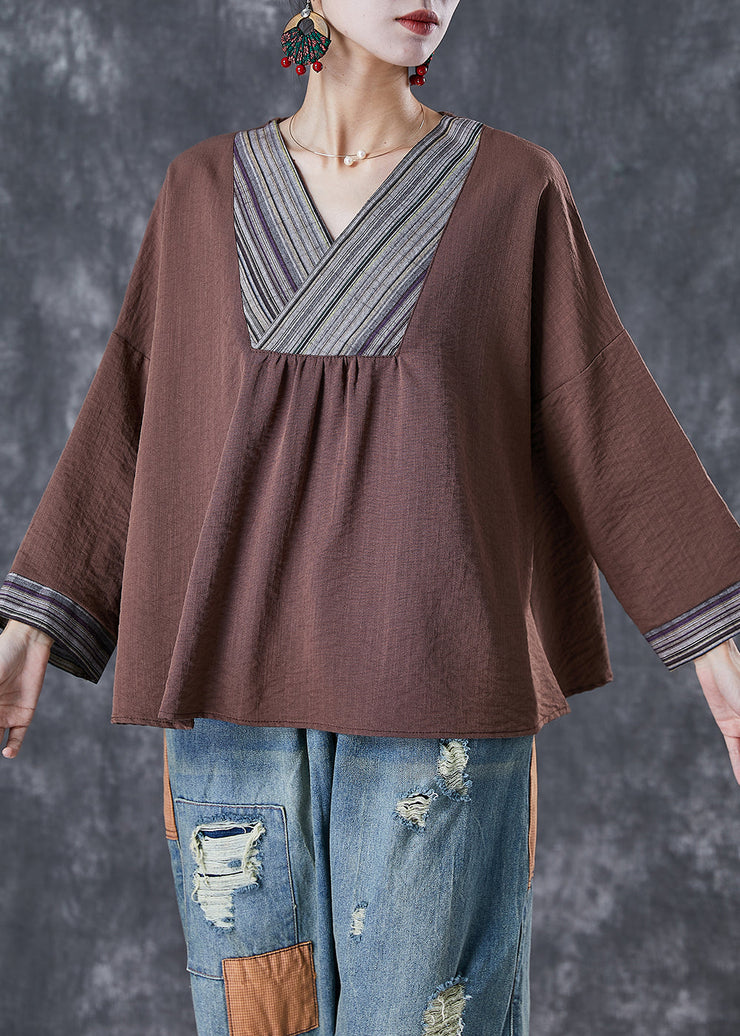 Coffee Patchwork Cotton Blouse Top V Neck Fall