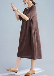 Coffee Patchwork Cotton Dress O Neck Wrinkled Short Sleeve