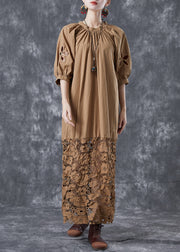 Coffee Patchwork Cotton Long Dress Hollow Out Back Bow Puff Sleeve