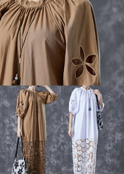 Coffee Patchwork Cotton Long Dress Hollow Out Back Bow Puff Sleeve