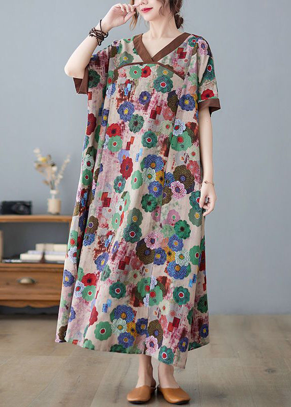 Coffee Patchwork Cotton Robe Dresses Oversized Print Summer