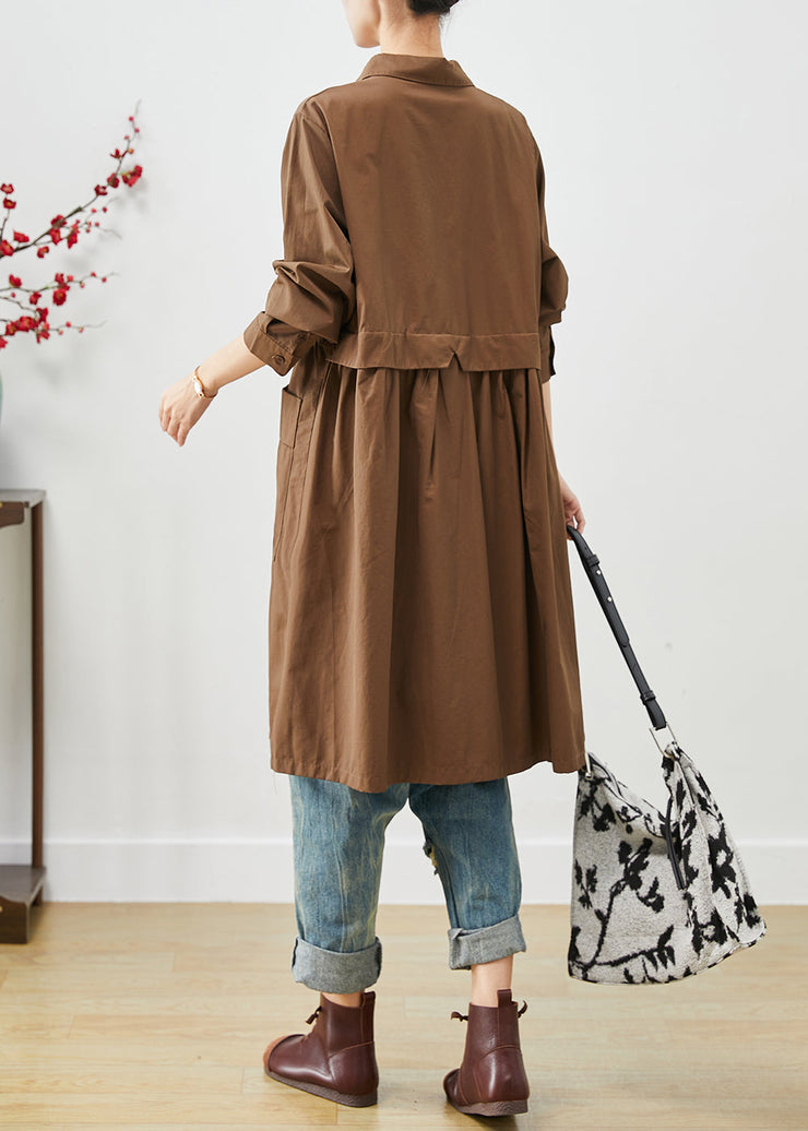 Coffee Patchwork Cotton Shirt Dress Oversized Pockets Spring