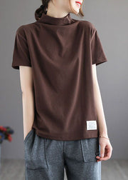 Chocolate Patchwork Cotton T Shirt Top Hign Neck Half Sleeve