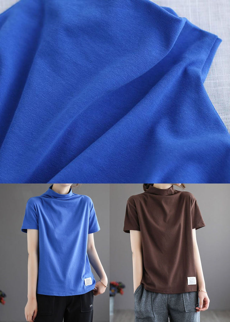 Chocolate Patchwork Cotton T Shirt Top Hign Neck Half Sleeve