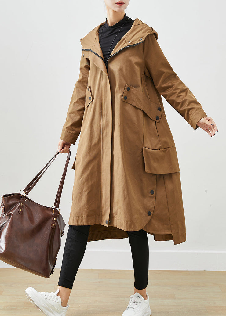 Coffee Patchwork Cotton Trench Oversized Pockets Fall