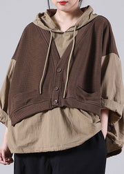 Chocolate Patchwork Fake Two Pieces Hooded Sweatshirts Long Sleeve