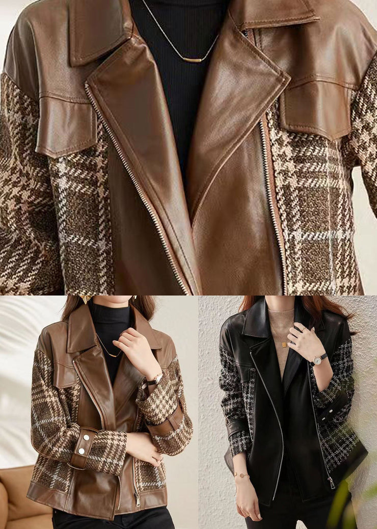 Coffee Patchwork Faux Leather Jackets Peter Pan Collar Zippered Fall