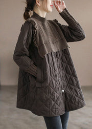 Chocolate Patchwork Fine Cotton Filled Coats Stand Collar Ruffled Winter