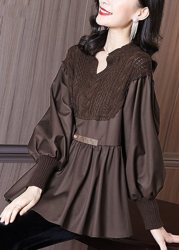 Chocolate Patchwork Knit Blouse Tops V Neck Ruffles Long Sleeve