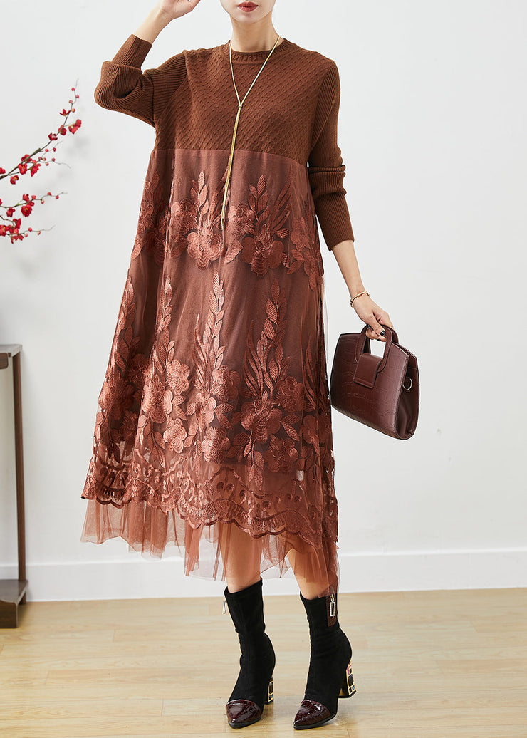 Coffee Patchwork Knit Holiday Dresses Embroideried Fall