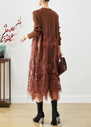 Coffee Patchwork Knit Holiday Dresses Embroideried Fall