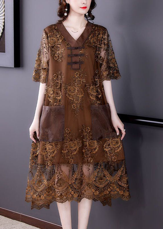 Chocolate Patchwork Lace Maxi Dresses V Neck Embroideried Summer