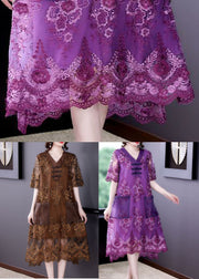 Chocolate Patchwork Lace Maxi Dresses V Neck Embroideried Summer