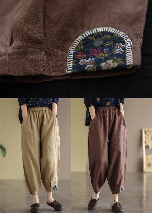 Chocolate Patchwork Linen Crop Pants High Waist Applique Fall