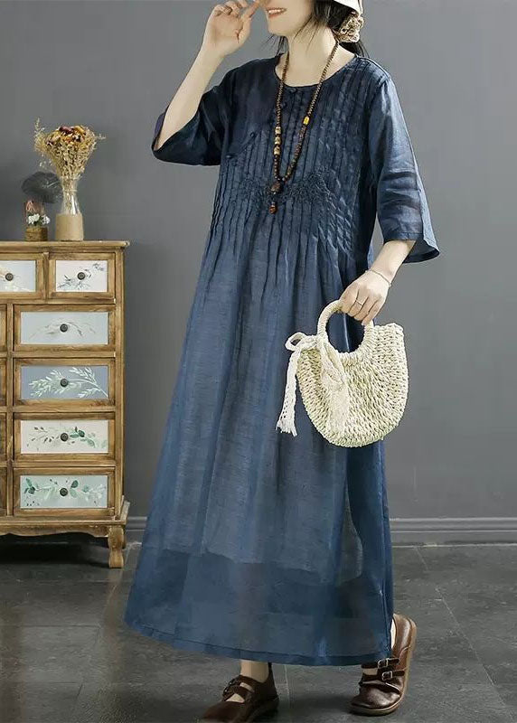 Coffee Patchwork Linen Dress O Neck Wrinkled Embroideried Summer