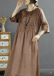 Coffee Patchwork Linen Dress O Neck Wrinkled Embroideried Summer