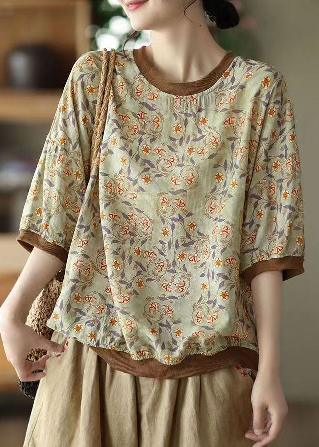 Coffee Patchwork Linen T Shirt Tops O Neck Short Sleeve