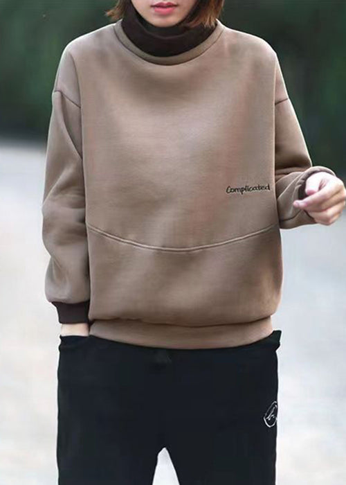 Coffee Patchwork Loose Sweatshirts Turtleneck Long Sleeve