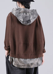 Chocolate Patchwork Low High Design Hooded Sweatshirt Long Sleeve