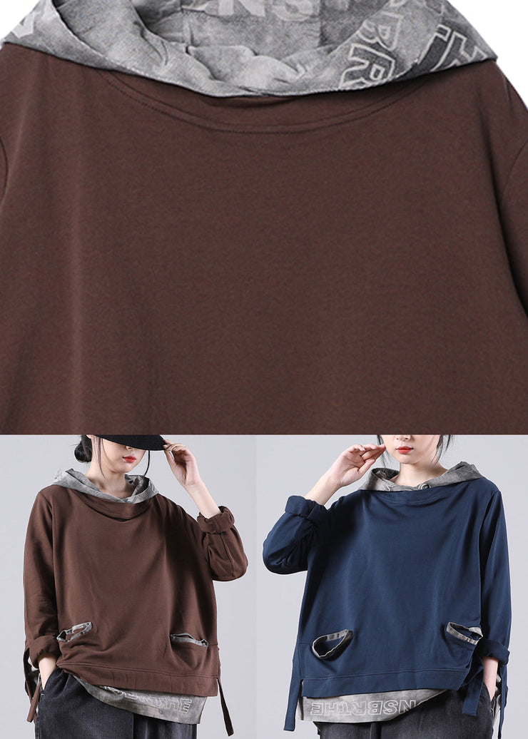 Chocolate Patchwork Low High Design Hooded Sweatshirt Long Sleeve