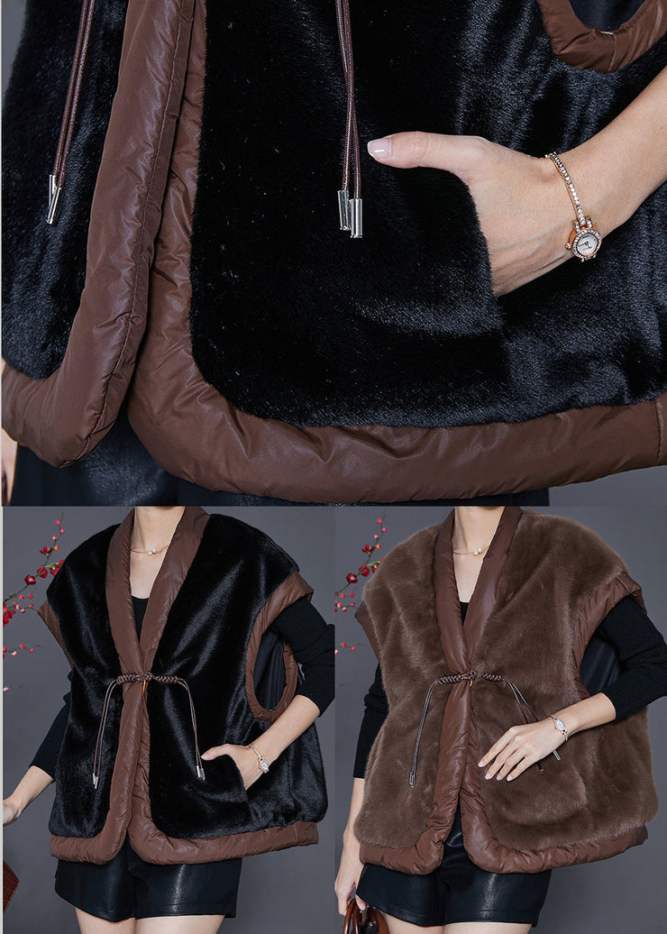 Coffee Patchwork Mink Velvet Vests Chinese Button Pockets Spring