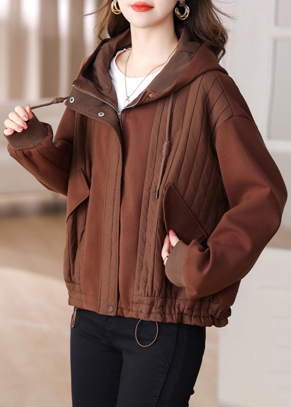 Coffee Patchwork Plus Size Cotton Hoodie Coat Drawstring Winter