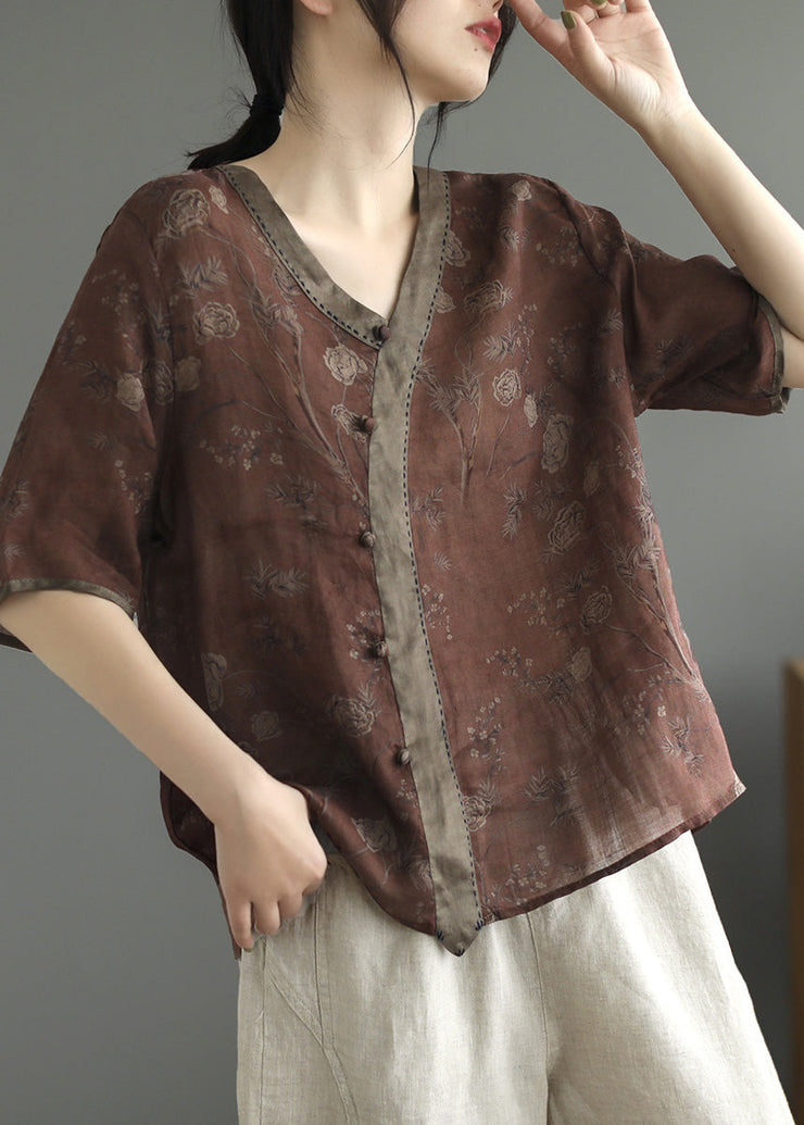 Coffee Patchwork Ramie T Shirt Short Sleeve