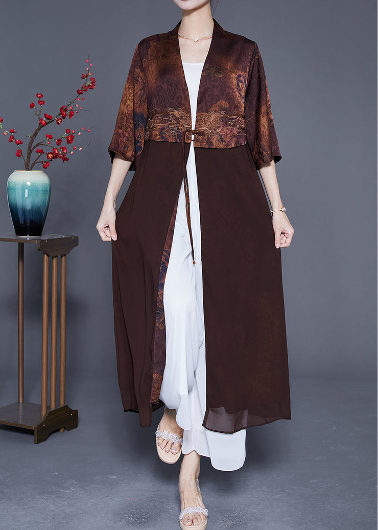 Coffee Patchwork Silk Cardigans Chinese Button Summer