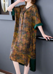 Coffee Patchwork Silk Maxi Dresses Low High Design Summer