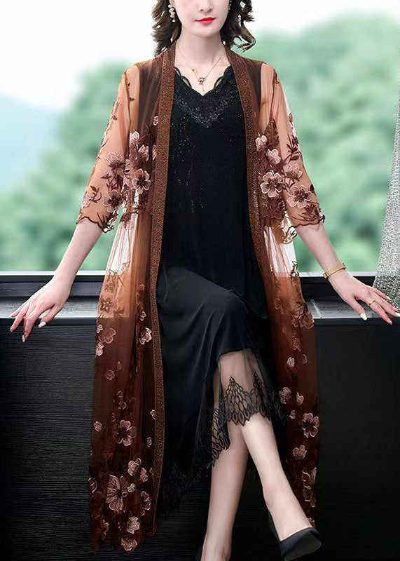 Coffee Patchwork Tulle Cape Dresses Embroideried V Neck Summer