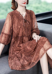 Chocolate Patchwork Tulle Dress Ruffled Lace Up Summer