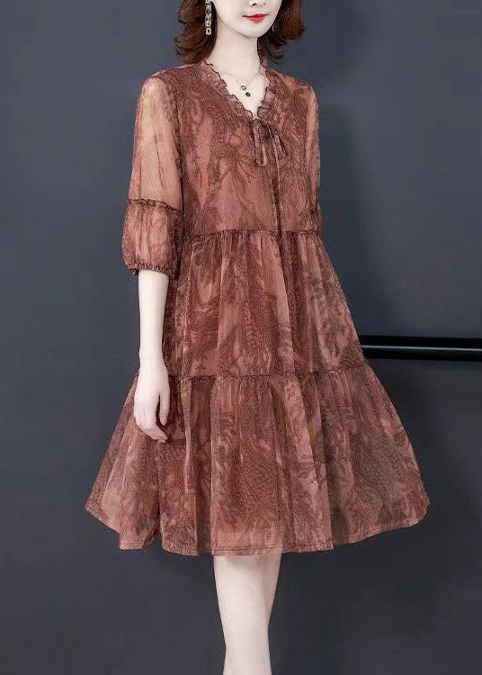 Chocolate Patchwork Tulle Dress Ruffled Lace Up Summer