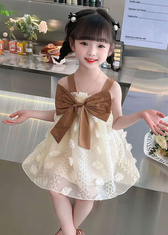 Coffee Patchwork Tulle Kids Girls Dress Ruffled Bow Sleeveless