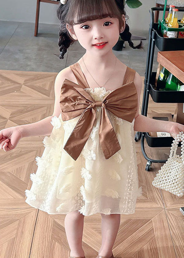 Coffee Patchwork Tulle Kids Girls Dress Ruffled Bow Sleeveless