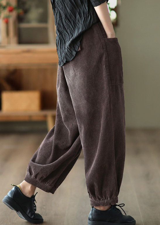 Chocolate Patchwork Warm Fleece Harem Pants Elastic Waist Pockets Winter