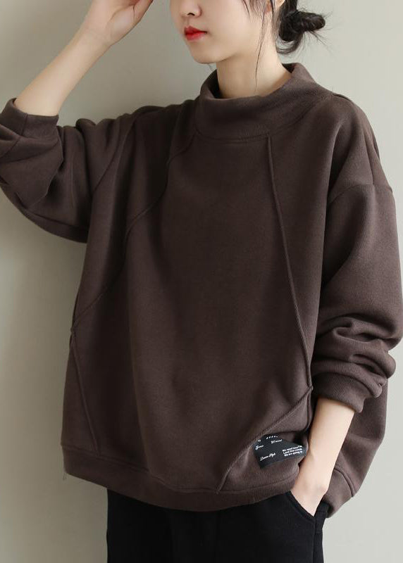 Coffee Patchwork Warm Fleece Pullover Sweatshirt Hign Neck Winter