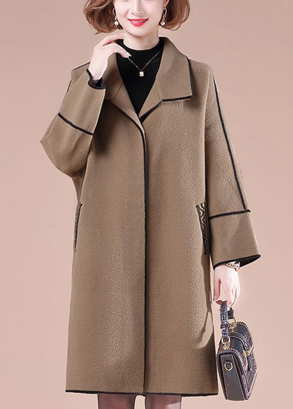 Coffee Patchwork Woolen Trench Coats Oversized Winter