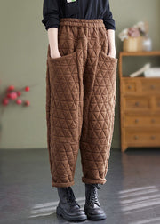 Coffee Plaid Elastic Waist Fleece Pants Winter